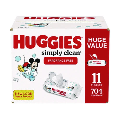 Huggies Simply Clean Fragrance Free Baby Wipes, 64/Pack, 11 Packs/Carton (53611)