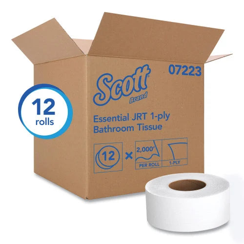 Scott Essential JRT Jumbo Roll Bathroom Tissue, Septic Safe, 1-Ply, White, 3.55" x 2,000 ft, 12 Rolls/Carton (07223)