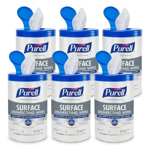 PURELL Professional Surface Disinfecting Wipes, 1-Ply, 7 x 8, Fresh Citrus, White, 110/Canister, 6 Canisters/Carton (934206CT)