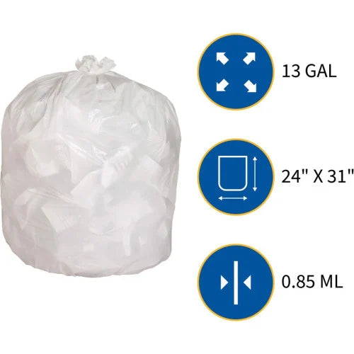 Genuine Joe Heavy-Duty Tall Kitchen Trash Bags Small Size - 13 gal Capacity - 31" Length x 24" Width x 0.85 mil (22 Micron) Thickness - Low Density - White - Kitchen - Recycled - 150/Box - 1 / Carton (GJO02312)