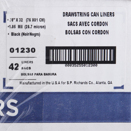 Genuine Joe Flexible Drawstring Trash Can Liners Medium Size - 30 gal Capacity - 32" Length x 30" Width x 1.05 mil (27 Micron) Thickness - Low Density - Drawstring Closure - Black - Resin - 42/Box - 1 / Carton (GJO01230)