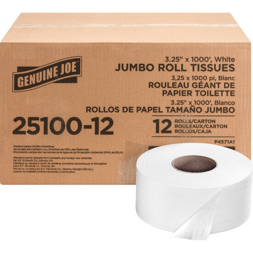 Genuine Joe® Jumbo Toilet Paper, 2-Ply, 1,000-ft., 12 Rolls 2 Ply - 3.25" Width x 1000 ft Length - 9" Roll Diameter - 3 19/64" Core - White - 12 / Carton (GJO2510012)