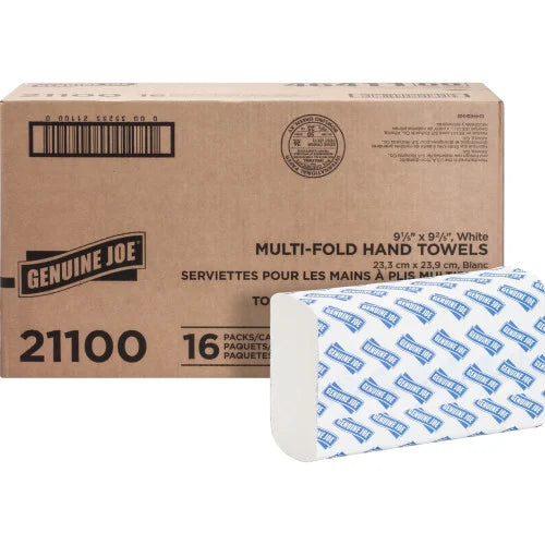 Genuine Joe® Multifold Paper Towels, 250 Towel Packs, 16 Packs 1 Ply - Multifold - 9.20" Width x 9.40" Length - White - 250/Pack - 16 / Carton (GJO21100)