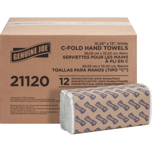 Genuine Joe® C-Fold Paper Towels, 1-Ply, White, 2400 Towels 1 Ply - C-fold - 13" Width x 10" Length - White - 200/Pack - 12 / Carton (GJO21120)