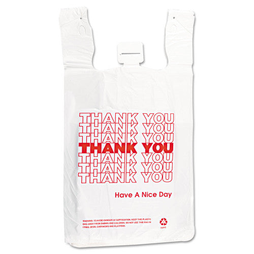 Inteplast Group HDPE T-Shirt Bags, Thank You - Have a Nice Day Labeling, Cut-Out Handles, 12" x 7" x 23", White/Red, 500/Carton (THW2VAL)