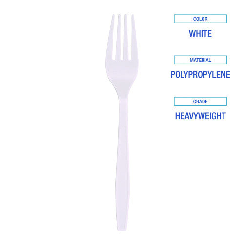 Boardwalk® Heavyweight Plastic Cutlery, Fork, WE, 1000 Pcs. (BWKFORKHWPPWH)