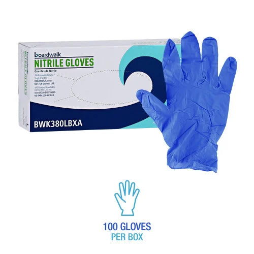 Boardwalk® Disposable Nitrile Gloves, Large, Blue, 4 mil, 100/Box (BWK380LBXA)