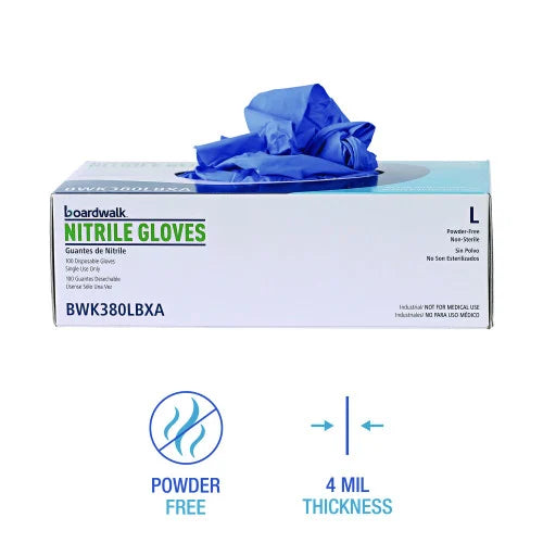 Boardwalk® Disposable Nitrile Gloves, Large, Blue, 4 mil, 100/Box (BWK380LBXA)