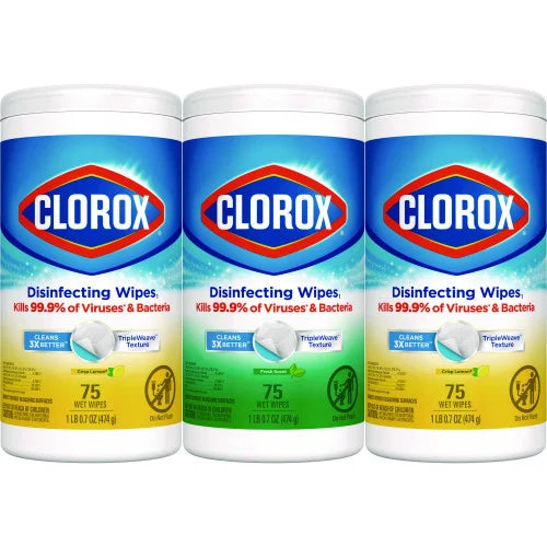 Clorox Disinfecting Wipes, 1-Ply, 7 x 8, Fresh Scent/Citrus Blend, White, 75/Canister, 3 Canisters/Pack (30208PK)