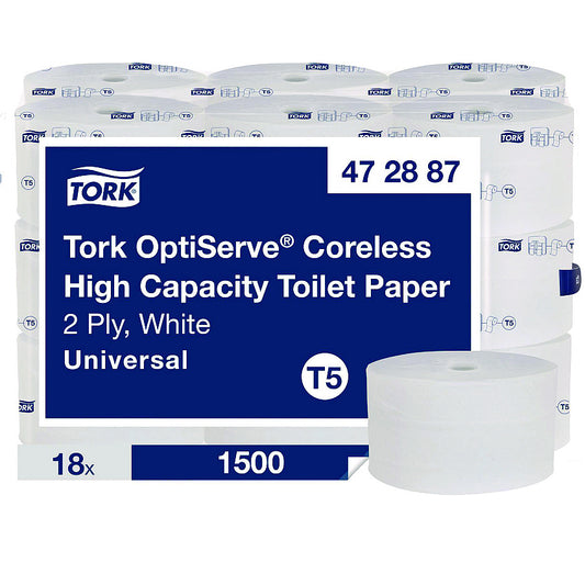 Tork® OptiServe High-Capacity Coreless Toilet Paper, 2-Ply, White, 1,500 Sheets, 18 Rolls/Carton (472887)