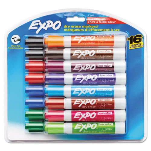 EXPO Low-Odor Dry-Erase Marker, Broad Chisel Tip, Assorted Colors, 16/Set (81045)