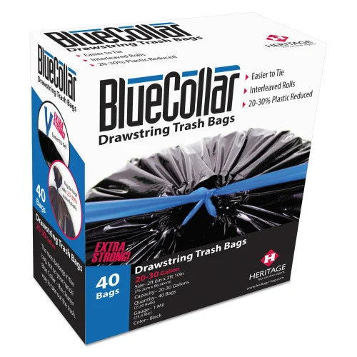 BlueCollar Drawstring Trash Bags, Drawstring, 30 gal, 1 mil, 30" x 34", Black, 40 Bags/Box, 6 Boxes/Carton (N6034YKRC1CT)