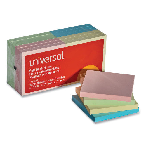 Universal Self-Stick Note Pads, 3" x 3", Assorted Pastel Colors, 100 Sheets/Pad, 12 Pads/Pack (UNV35669)