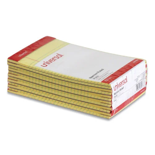 Universal Perforated Ruled Writing Pads, Narrow Rule, Red Headband, 50 Canary-Yellow 5 x 8 Sheets, Dozen (UNV46200)