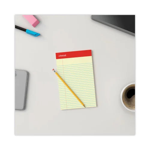 Universal Perforated Ruled Writing Pads, Narrow Rule, Red Headband, 50 Canary-Yellow 5 x 8 Sheets, Dozen (UNV46200)