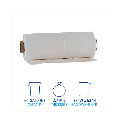 Boardwalk Industrial Drum Liners Rolls, 60 gal, 2.7 mil, 38" x 63", Clear, 50/Carton (BWKD38634CL)