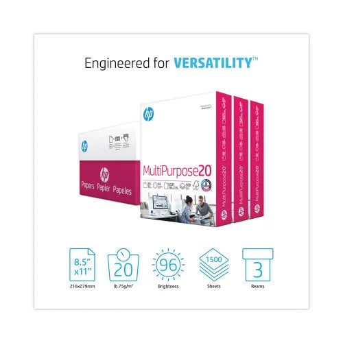 HP MultiPurpose20 Paper, 96 Bright, 20 lb Bond Weight, 8.5 x 11, White, 500 Sheets/Ream, 3 Reams/Carton (112530)