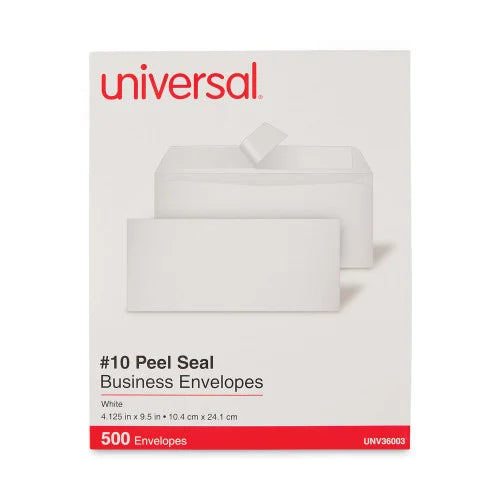 Universal Peel Seal Strip Business Envelope, #10, Square Flap, Self-Adhesive Closure, 4.13 x 9.5, White, 500/Box (UNV36003)
