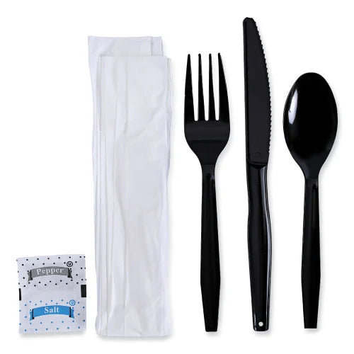 Boardwalk® Six-Piece Cutlery Kit Cdmt/Fk/Kf/Npkn/Tsp, 250 Packs (BWKFKTNSMWPSBLA)