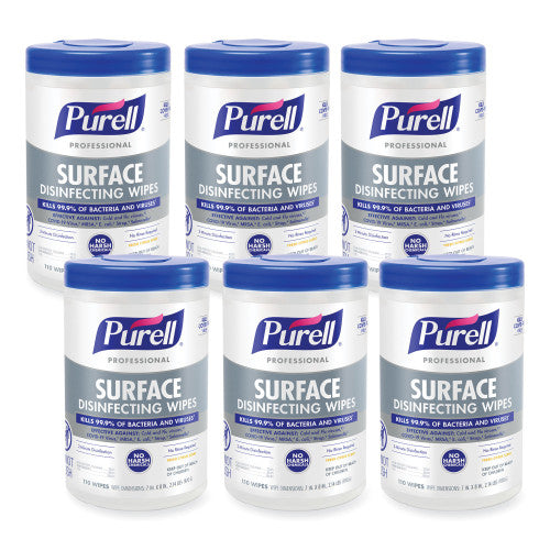 PURELL Professional Surface Disinfecting Wipes, 1-Ply, 7 x 8, Fresh Citrus, White, 110/Canister, 6 Canisters/Carton (934206CT)
