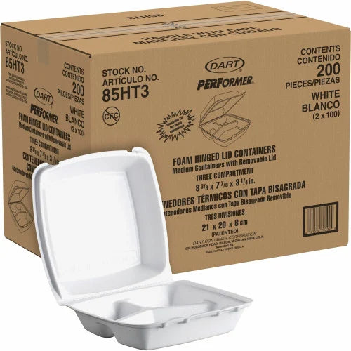 Dart Insulated Foam Hinged Lid Containers, 3-Compartment. 7.9 x 8.4 x 3.3, White, 200/Carton (85HT3)